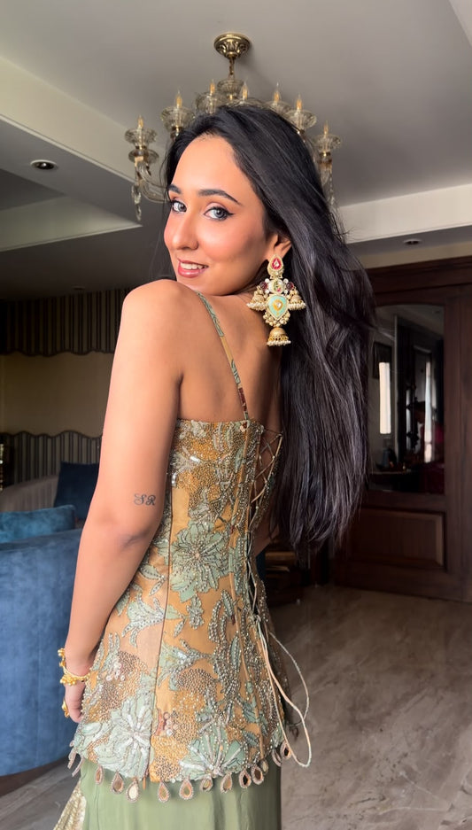 Gold-Green Embellished Corset Set