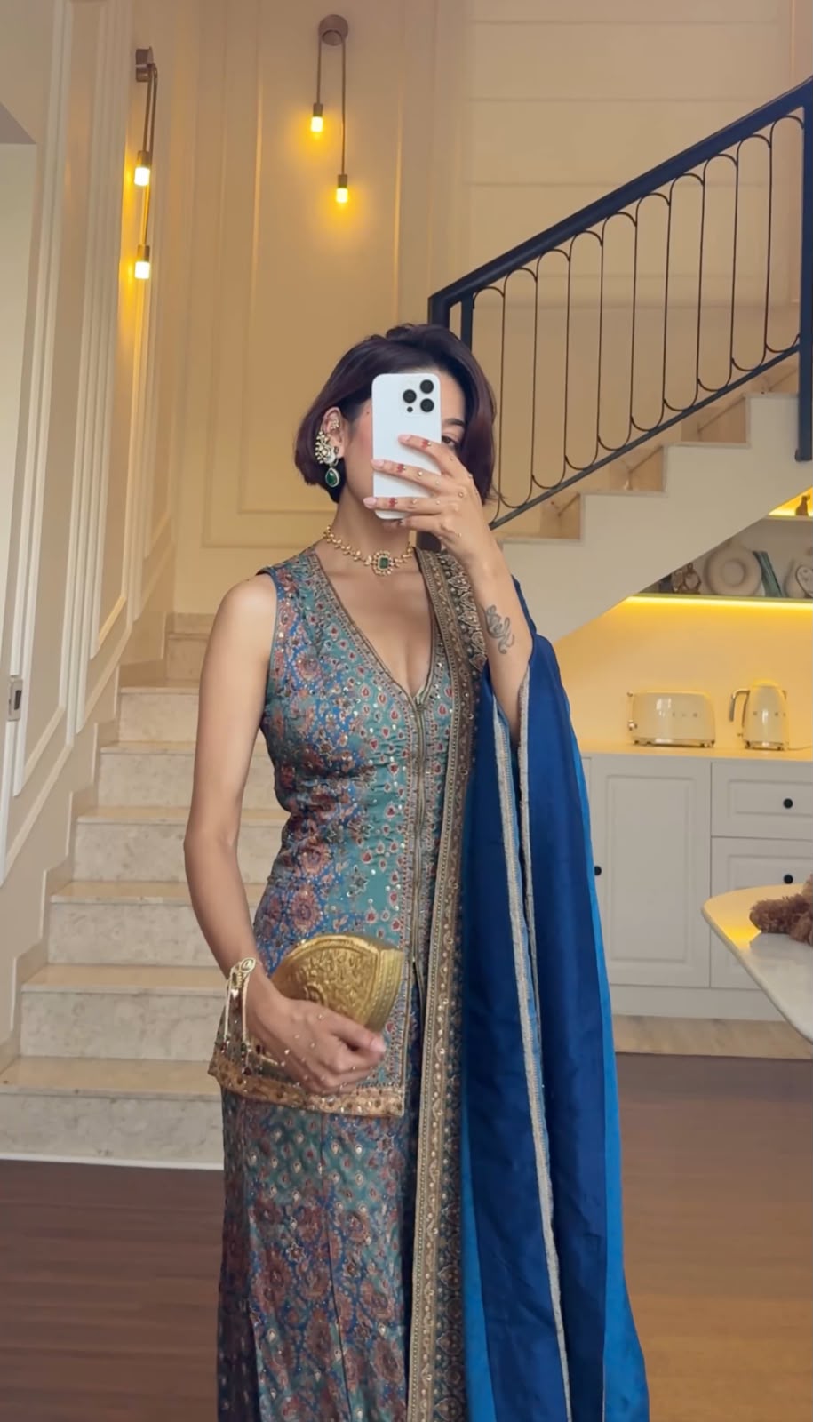 Olive Green-Blue Printed Embellished Sharara Set