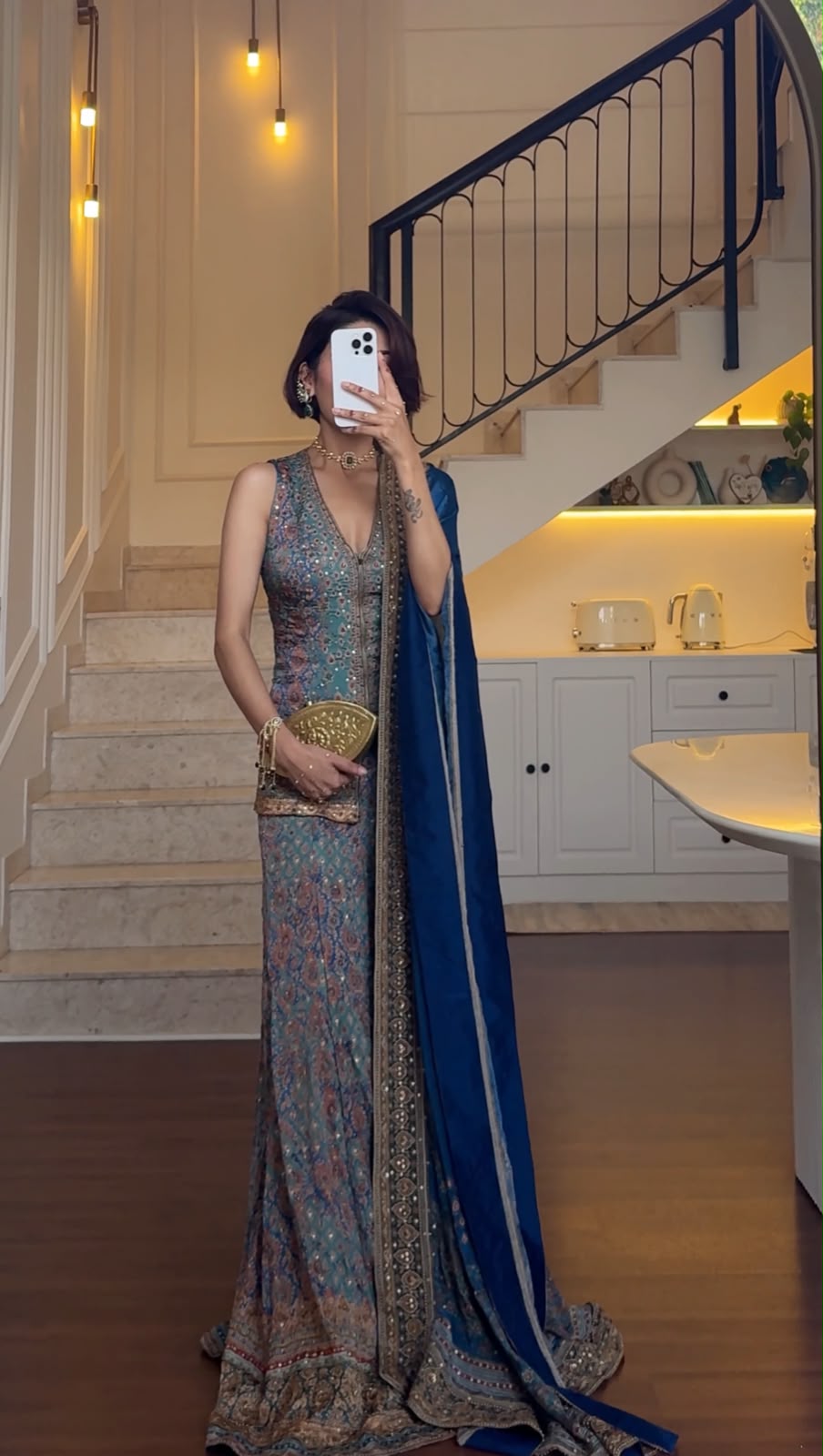 Olive Green-Blue Printed Embellished Sharara Set