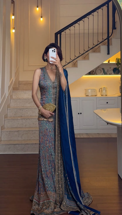 Olive Green-Blue Printed Embellished Sharara Set