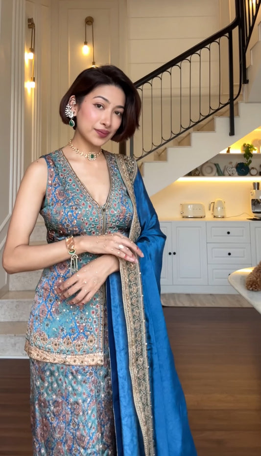 Olive Green-Blue Printed Embellished Sharara Set