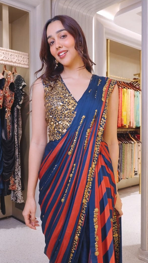 Rust-Blue Pre-Draped Saree