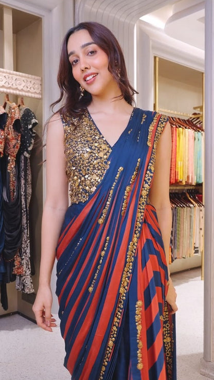 Rust-Blue Pre-Draped Saree