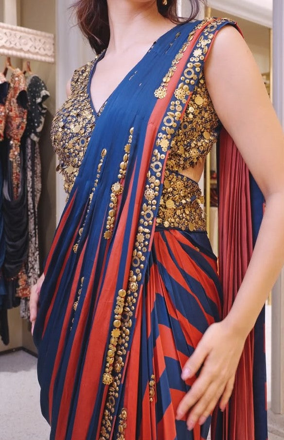 Rust-Blue Pre-Draped Saree