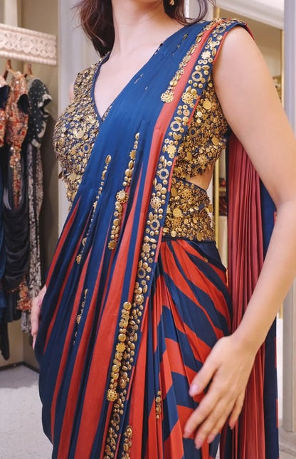 Rust-Blue Pre-Draped Saree