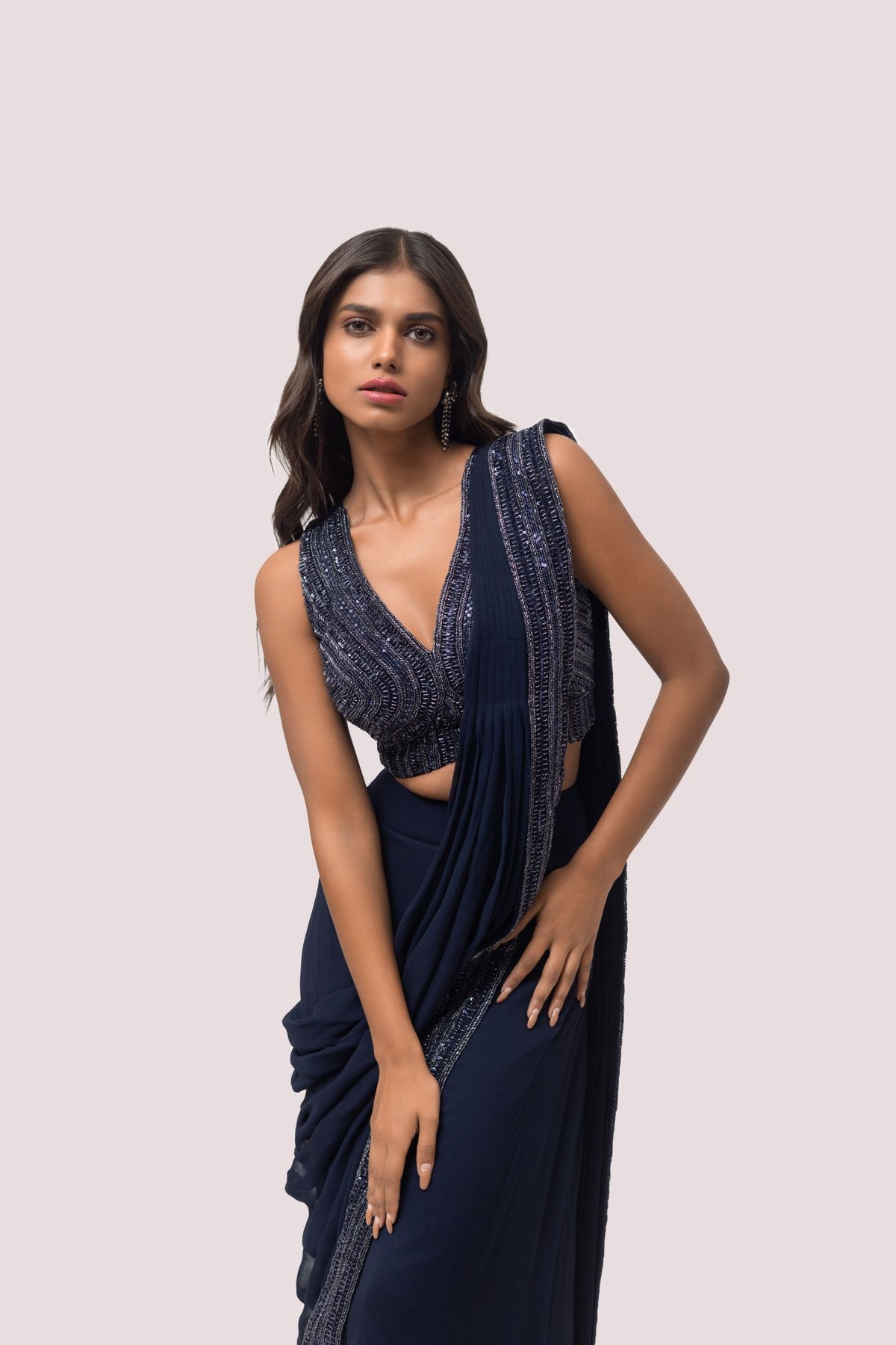 Prussian Blue Drape Saree With Soft Ruffles