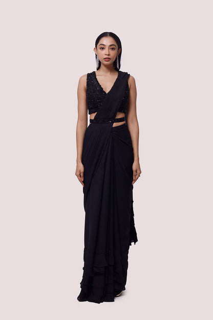 Midnight Black Embellished Drape Saree