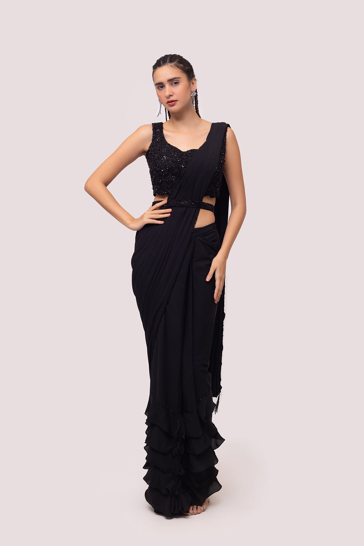 Black Georgette Drape Saree With Soft Ruffles