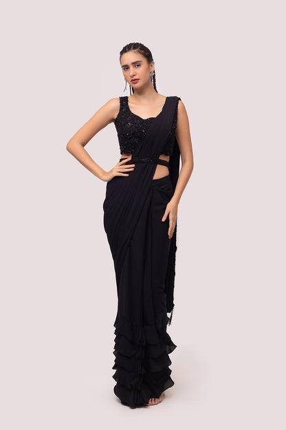 Black Georgette Drape Saree With Soft Ruffles