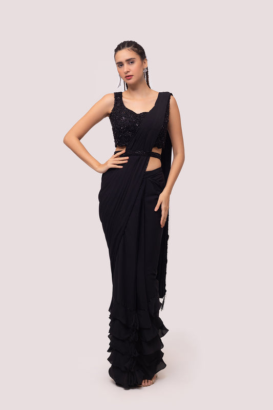 Black Georgette Drape Saree With Soft Ruffles