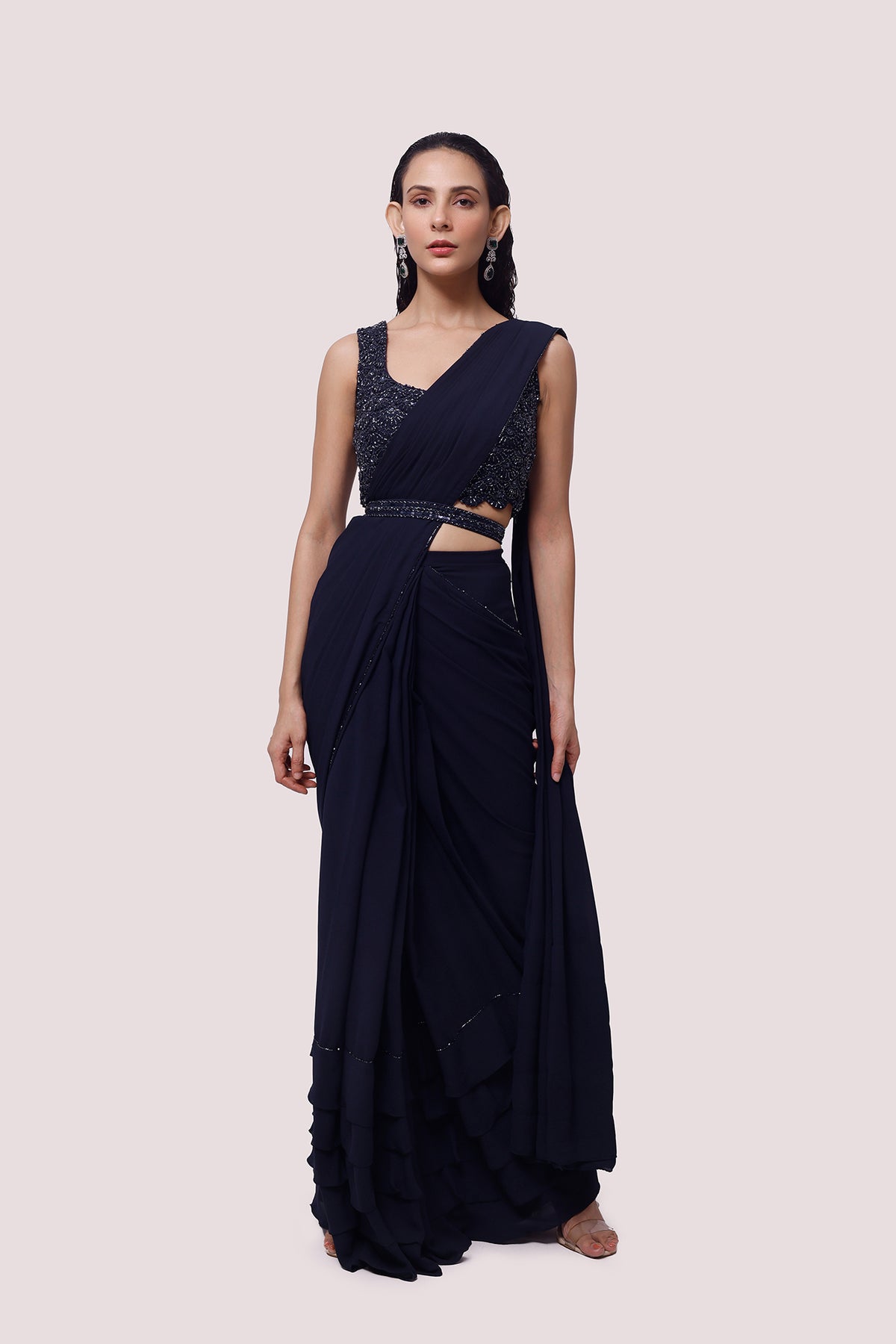 Navy Blue Georgette Drape Saree With Soft Ruffles