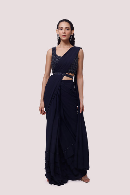 Navy Blue Georgette Drape Saree With Soft Ruffles
