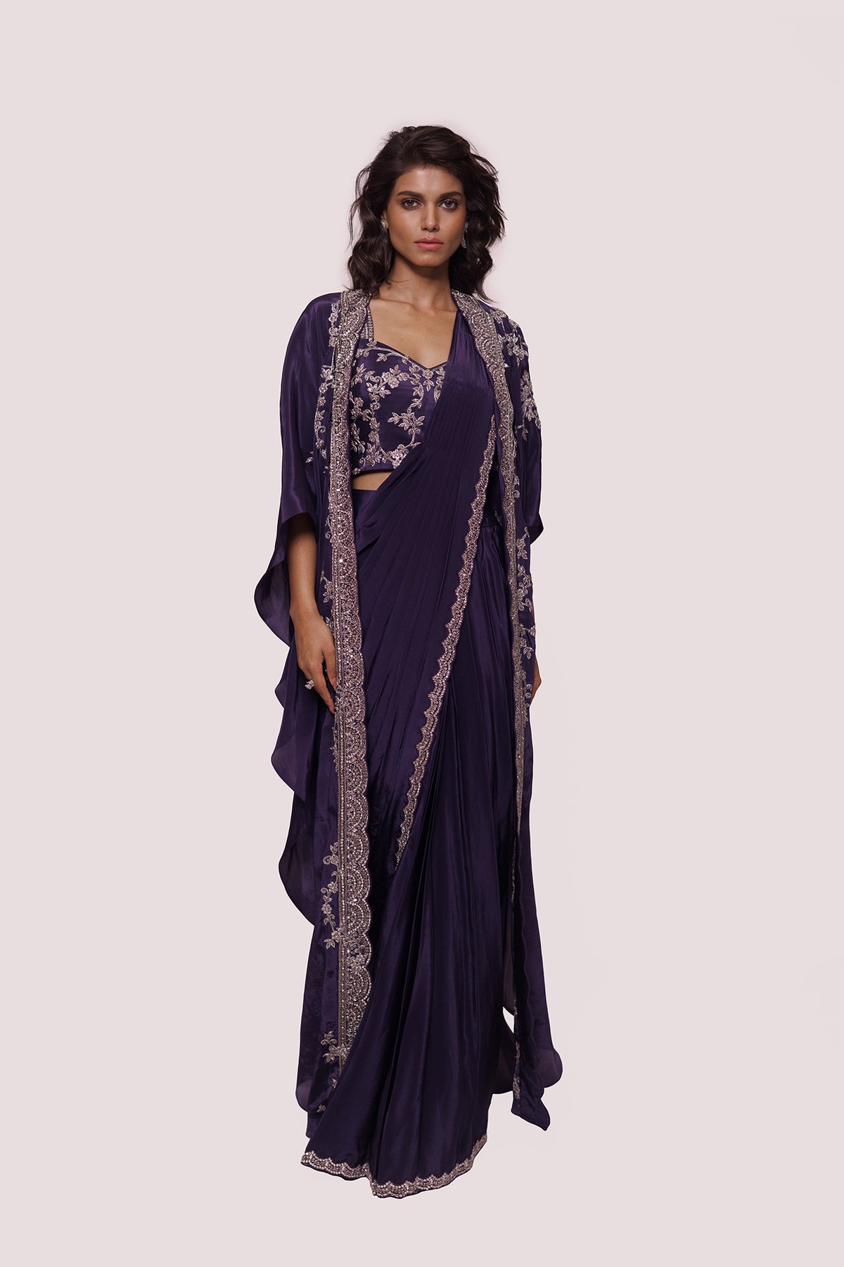 Embellished Purple Drape Saree with Kaftan Jacket