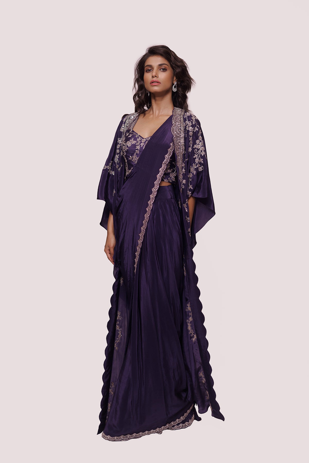 Embellished Purple Drape Saree with Kaftan Jacket