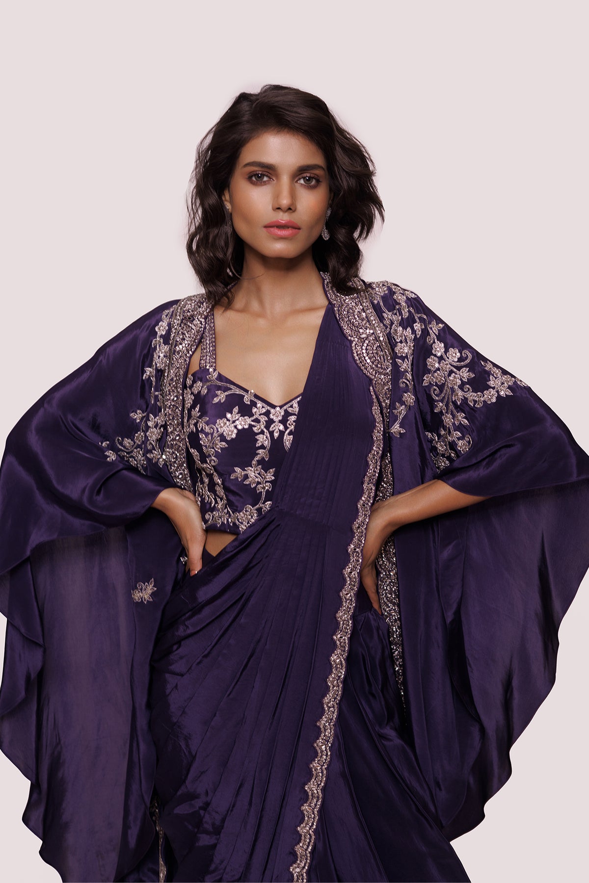 Embellished Purple Drape Saree with Kaftan Jacket