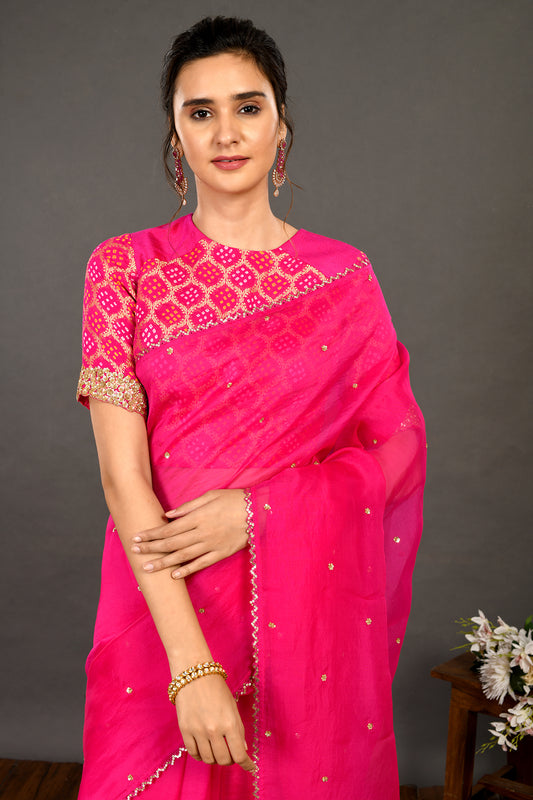 Rani Organza Saree with Benarasi Blouse