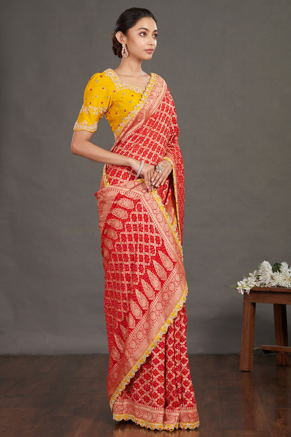 Red Bandhej Bulian-work Saree