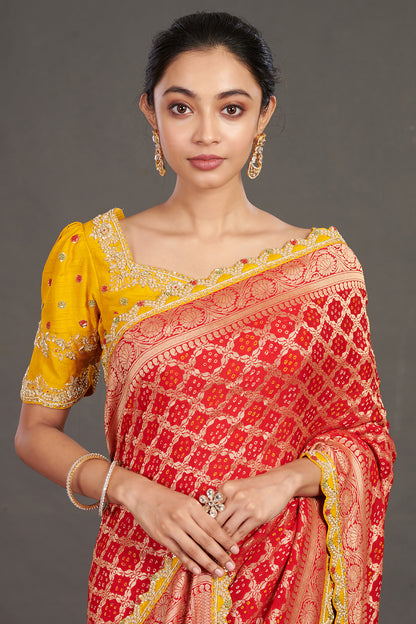 Red Bandhej Bulian-work Saree
