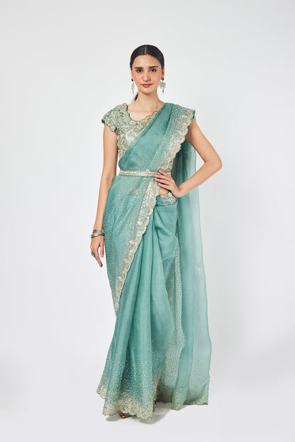 Fern Green Organza stone and cutdana work saree
