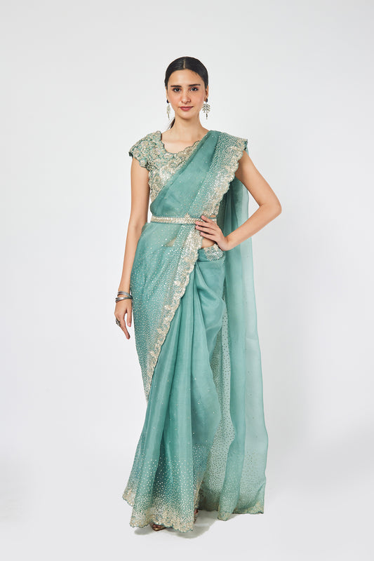Fern Green Organza stone and cutdana work saree