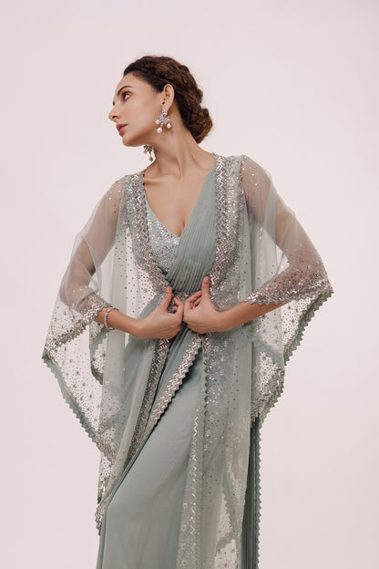 Sage Drape Saree with Cape