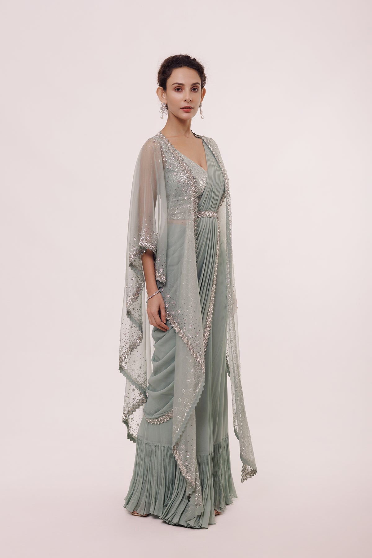 Sage Drape Saree with Cape