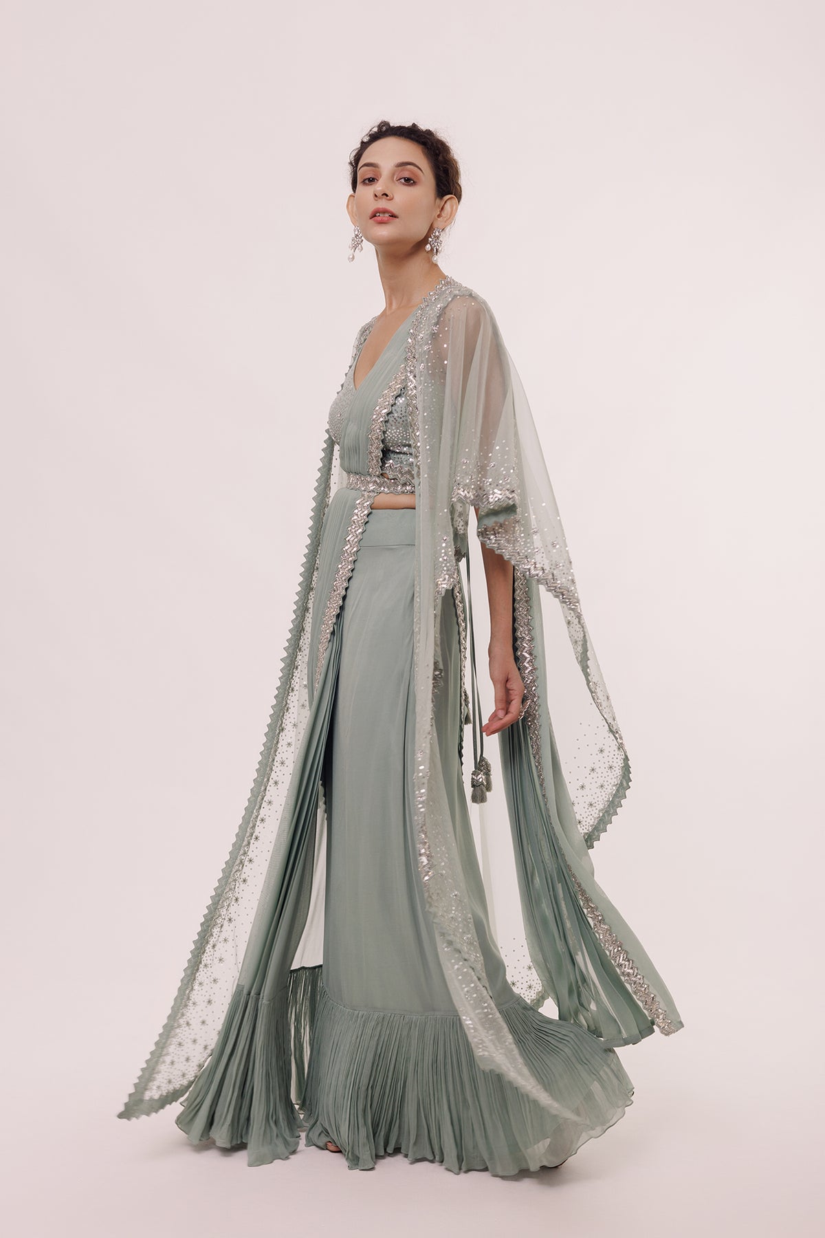 Sage Drape Saree with Cape