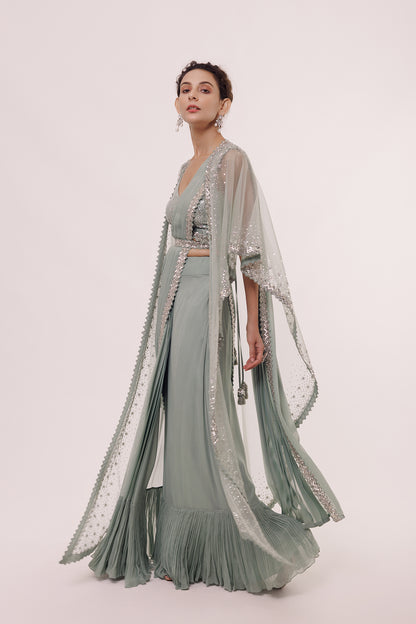 Sage Drape Saree with Cape