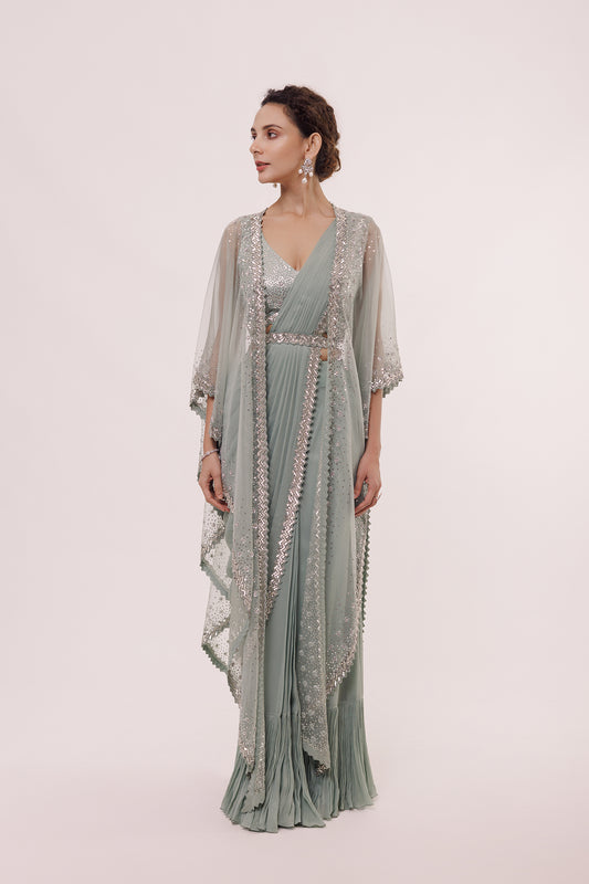 Sage Drape Saree with Cape